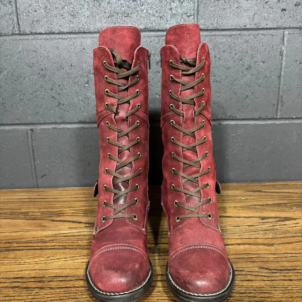 Taos Tall Crave Garnet Red Suede Lace Up Boots EU 38 US 7.5 Buckle - Picture 3 of 6